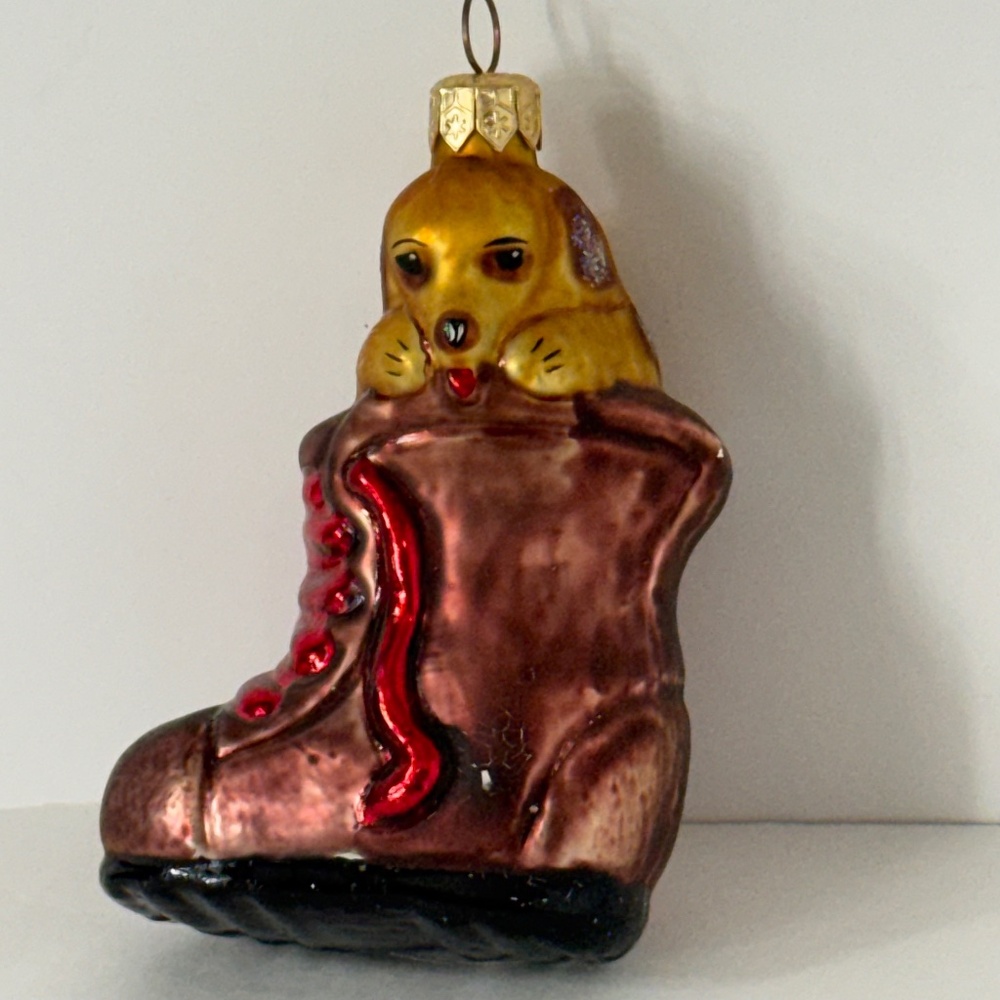 Christopher Radko Handmade Blown Glass Christmas Ornament Dog in Boot